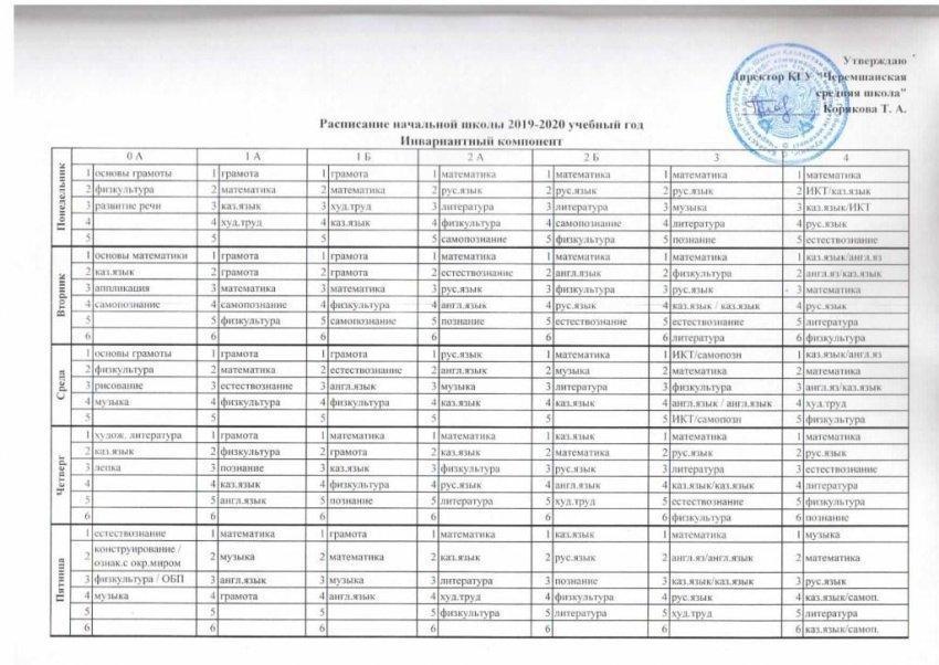 Расписание начальная школы I-полугодие 2019-2020 уч.г.