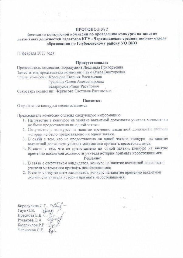 Протокол заседания конкурсной комиссии о признании конкурса на занятие вакантных должностей педагогов несостоявшимся