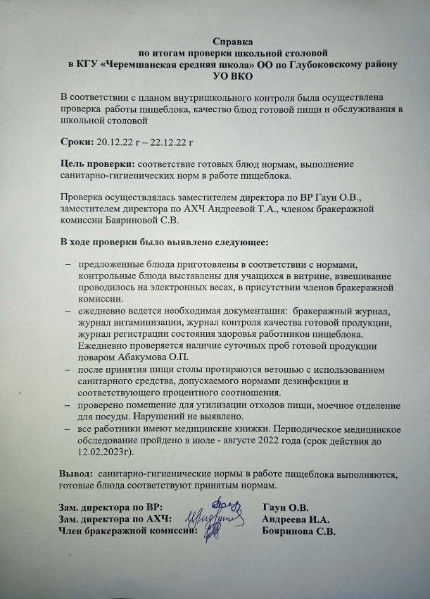 Справка по итогам проверки школьный столовой
